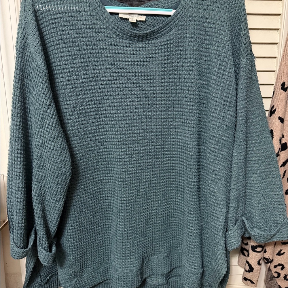 Umgee Teal Waffle Knit Crew Sweater